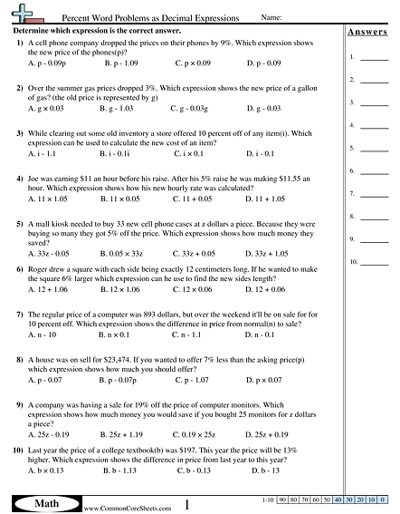 Percent Word Problems as Decimal Expressions Worksheet - Percent Word Problems as Decimal Expressions worksheet